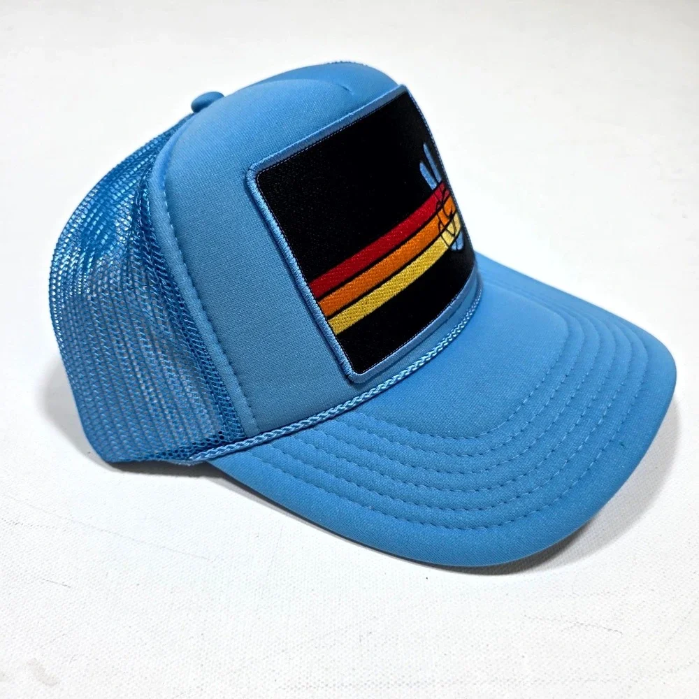 Port Sandz Trucker Hat Blue Peace Sign Retro Sunset Mesh Snapback Cap Surfer